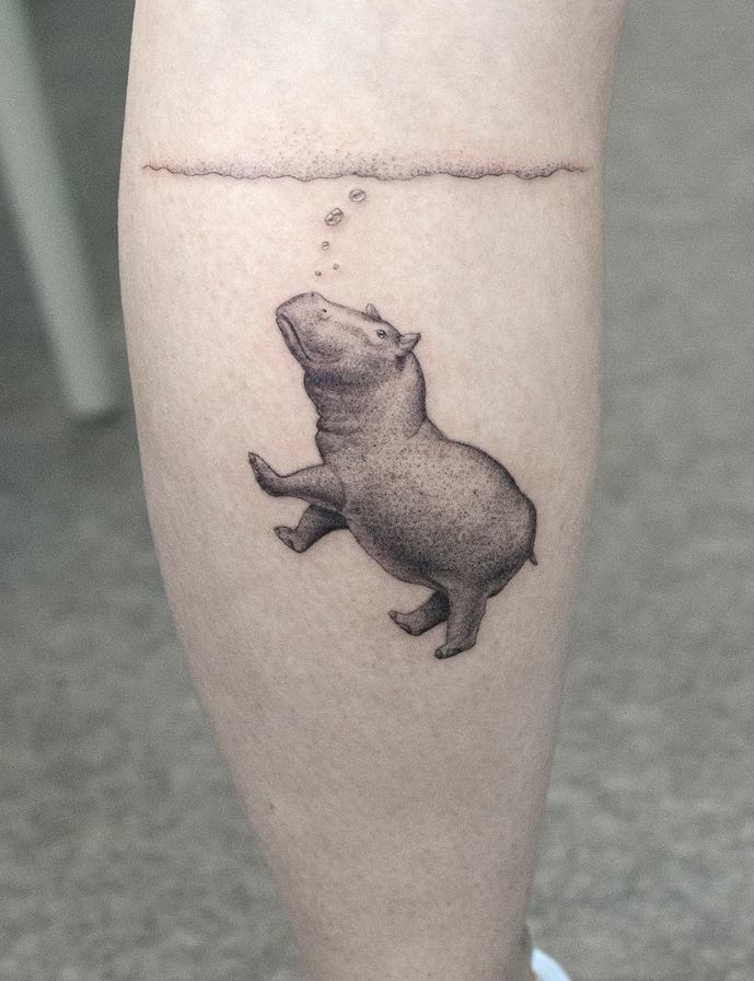 Underwater Hippo Tattoo on leg