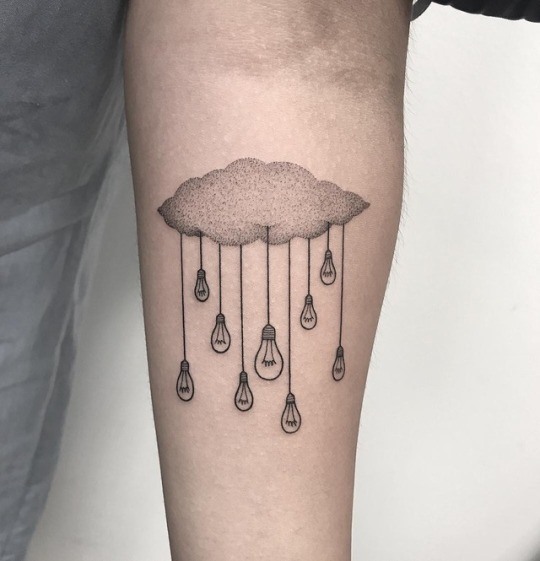 Light Bulb Tattoo with cloud for men on forearm