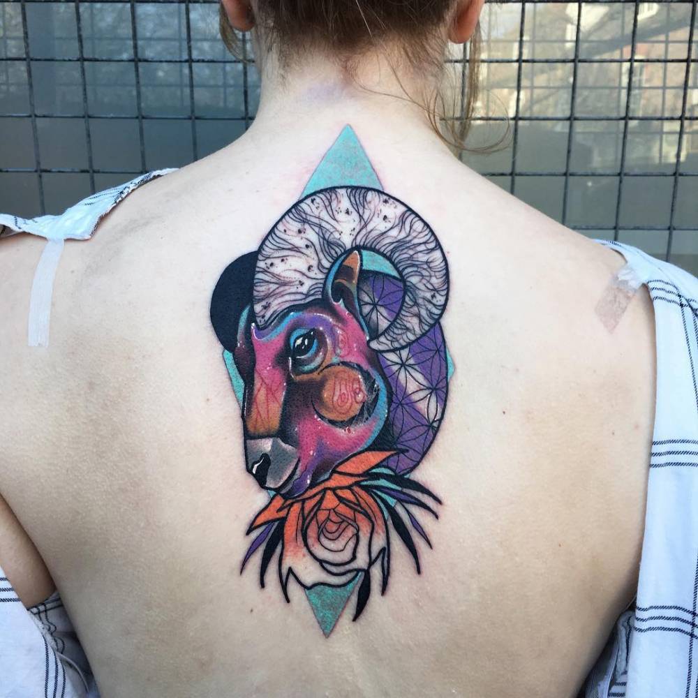 Watercolor Ram Tattoo on back for women