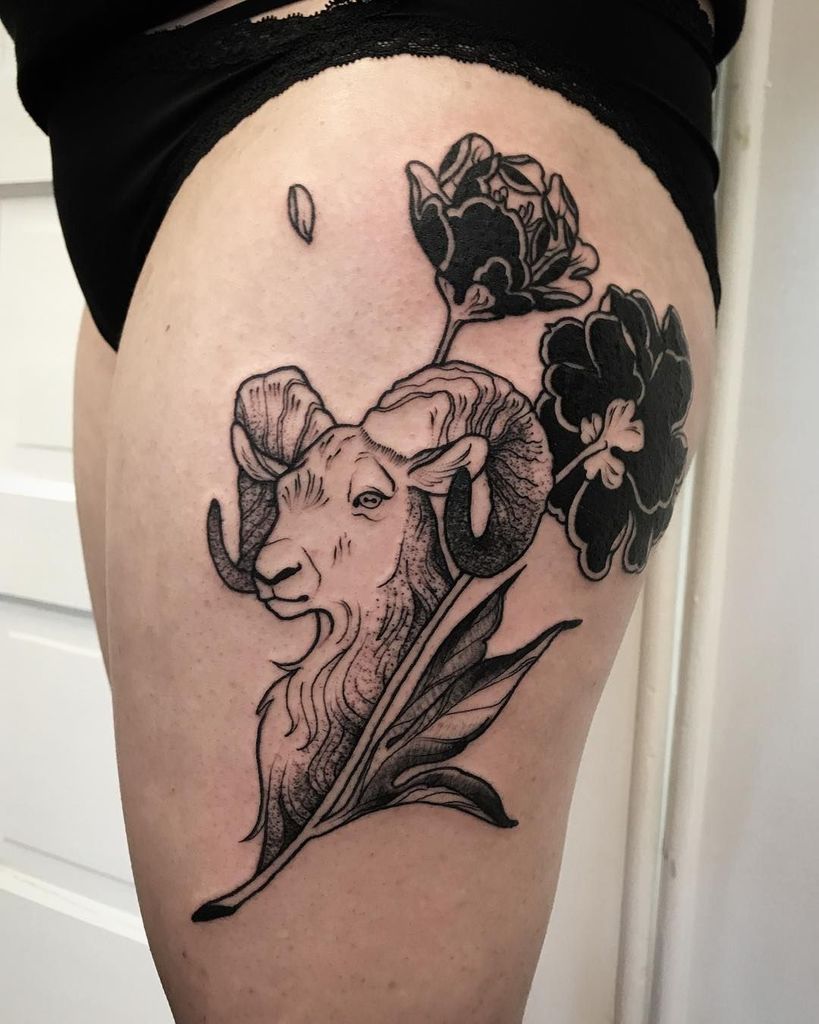 Floral Ram Tattoo on thigh for women