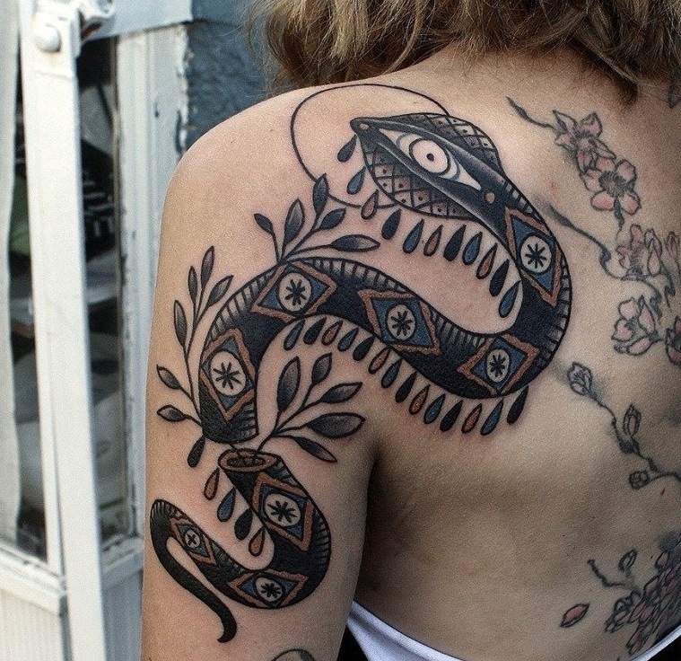 Black Snake Tattoo for women on back shoulder