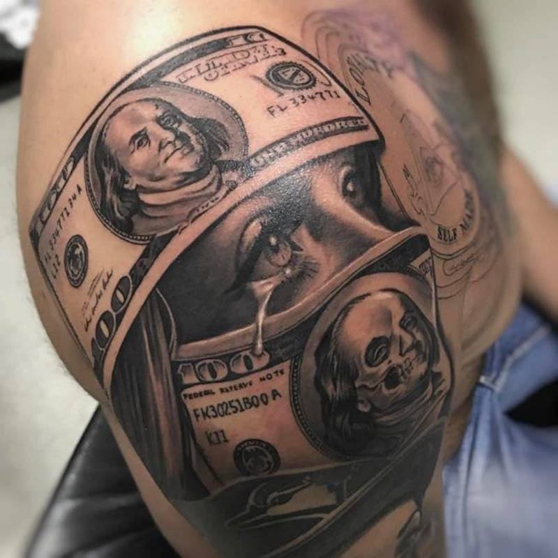 Face covered with money tattoo for men
