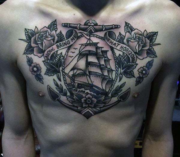 Ship Tattoo on chest with rose