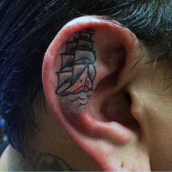 Ship Tattoo on ear for men