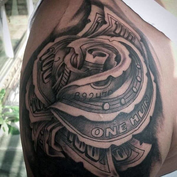 Rose with Money Tattoo  on shoulder for men
