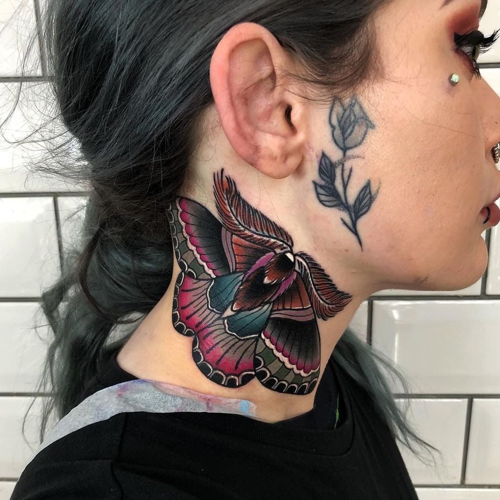 Colorful Moth Tattoo on neck for women