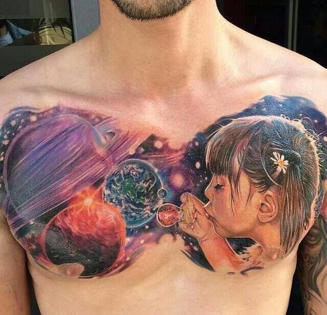 Space Theme Tattoo on chest for men