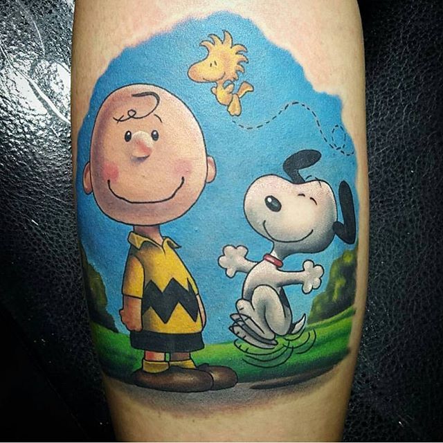 Colorful Charlie Brown Tattoo on leg for men