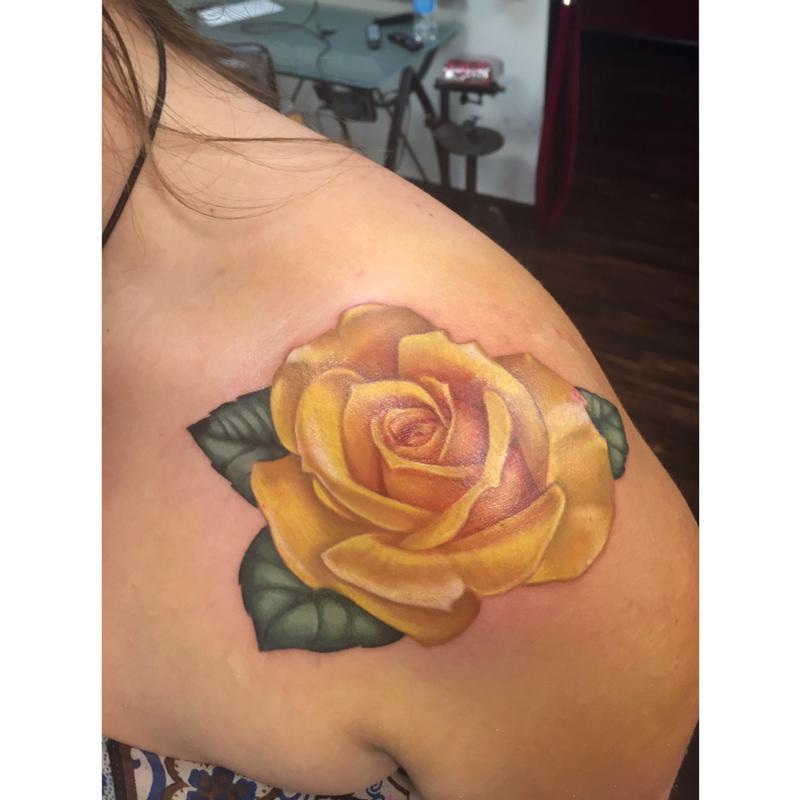 Yellow Rose tattoo for women on shoulder 