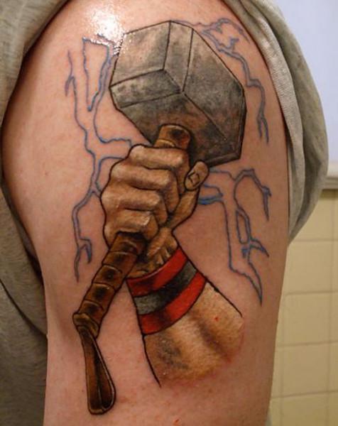 Hammer of thor tattoo on shoulder for men