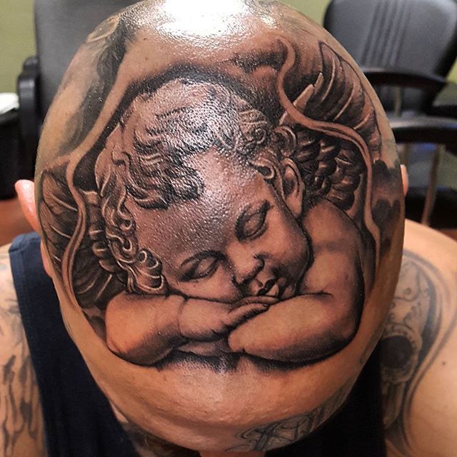 Baby Angel Tattoo for men on head