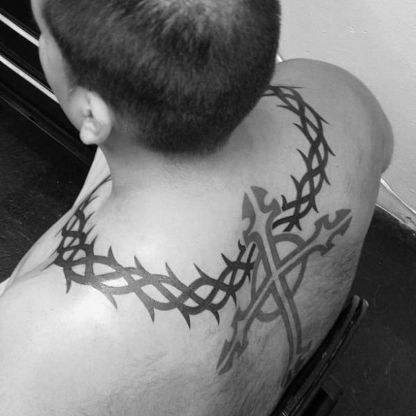 Crown of thorn tattoo on neck for men