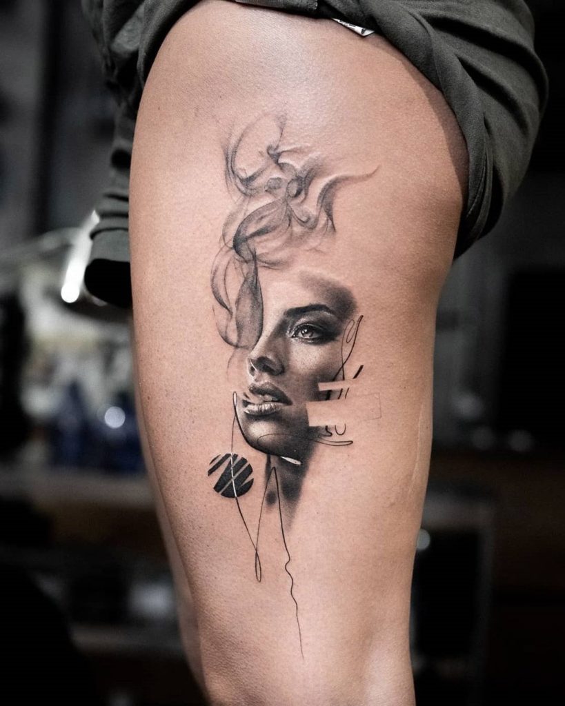 Face Sketch Tattoo at thigh for women