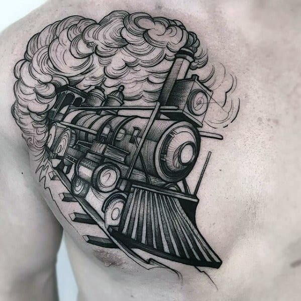 Train Sketch Tattoo for men at chest 