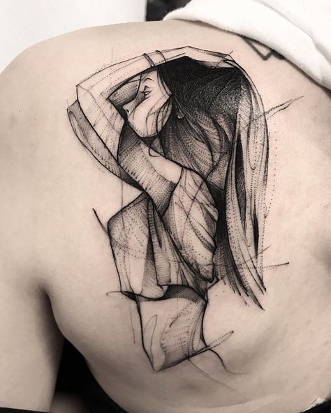 Sketch Tattoo of girl at back for men 