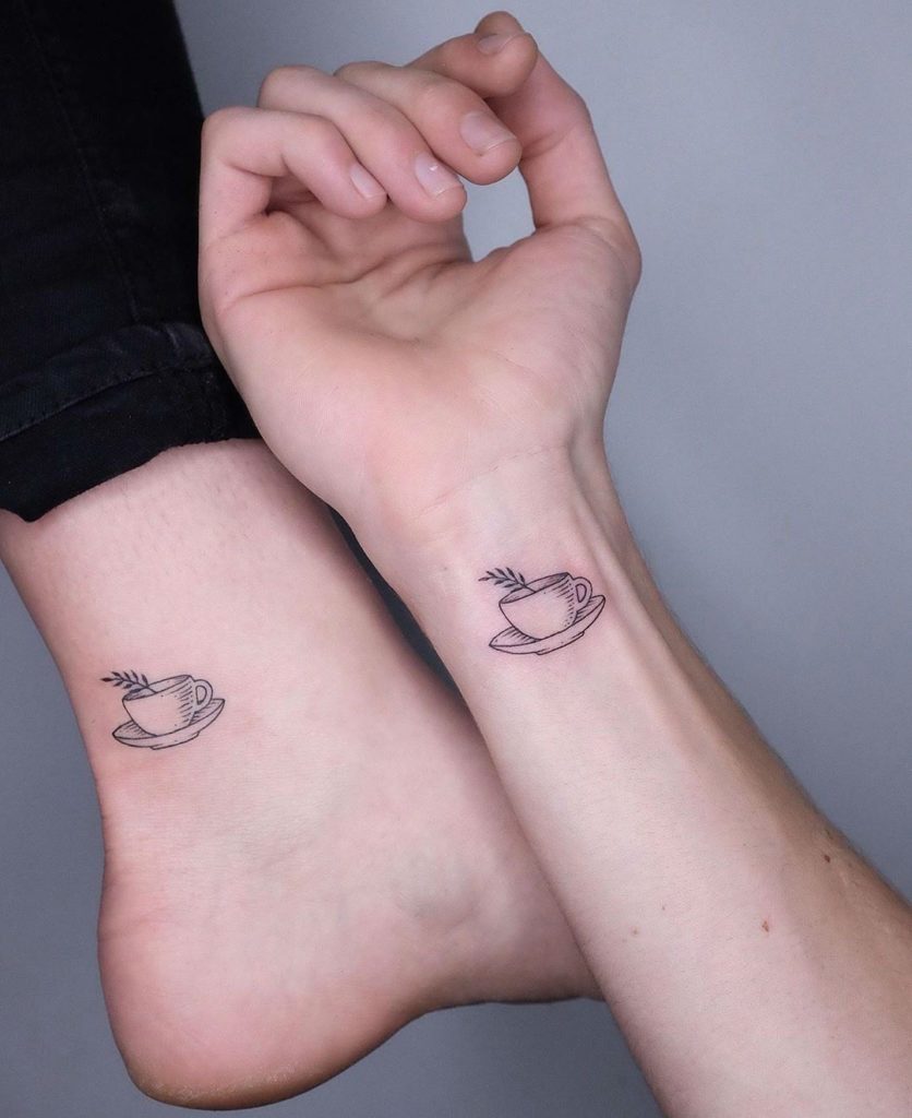 Cool Coffee Tattoo for couple on wrist and leg 