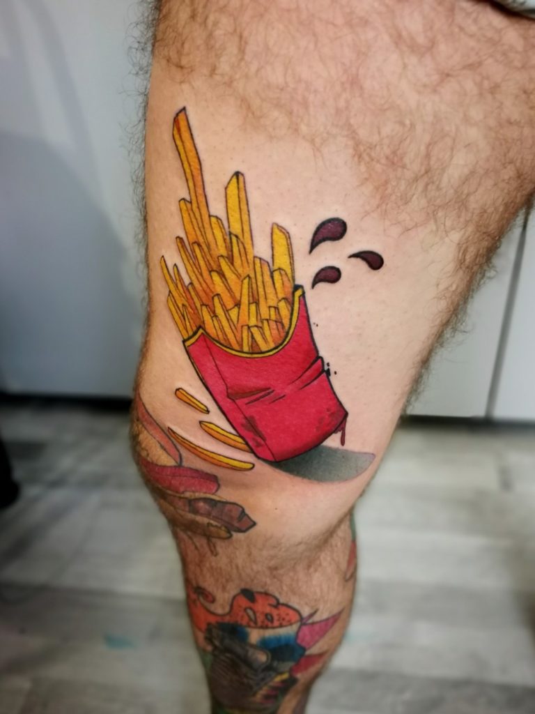 French Fries Tattoo on leg for men