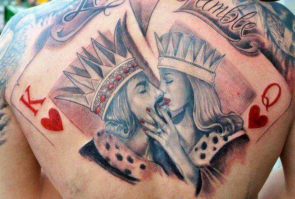 King & Queen  of heart card tattoo at back for men