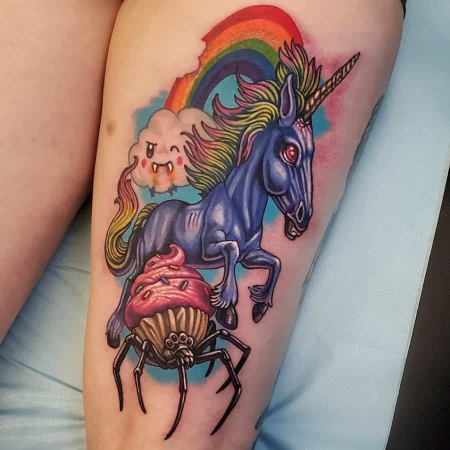 Unicorn with Rainbow tattoo for women on leg